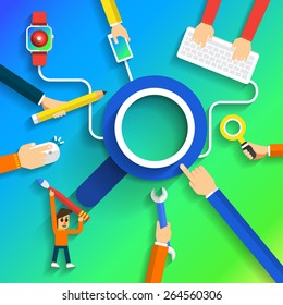 Teamwork hands build for icon search flat design and long shadow.Flat design vector illustration.