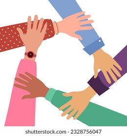 Teamwork hands concept vector illustration. hands together showing unity in flat design on white background.