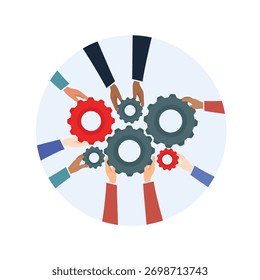 Mãos de trabalho em equipe conectando engrenagens simbolizando cooperação e produtividade na ilustração do vetor de negócios
