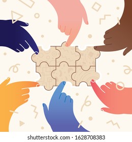 Teamwork hands gathering puzzle together in successfull solution, vector illustration