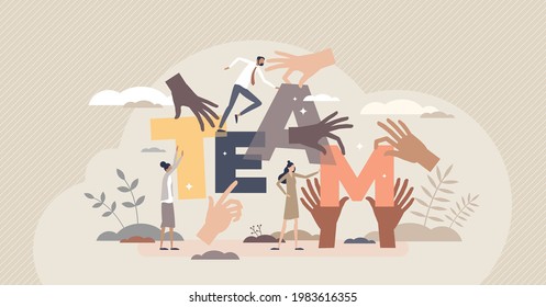 Teamwork hands as group holding team letters together tiny person concept. Community partnership and cooperation for common goal and job vector illustration. Employees connection and collaboration.