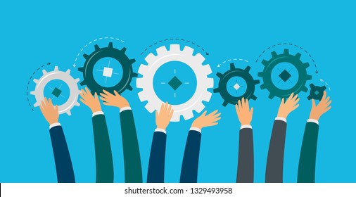 Teamwork, hands hold gears. Idea, brainstorm, business concept. Cooperation vector illustration