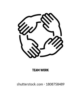 Teamwork, hands holding each other by wrist. Thin line icon. Collaboration, support, solidarity, effective work in group. Vector illustration.