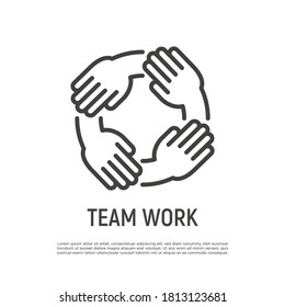 Teamwork, hands holding each other by wrist. Thin line icon. Collaboration, support, solidarity, effective work in group. Vector illustration.