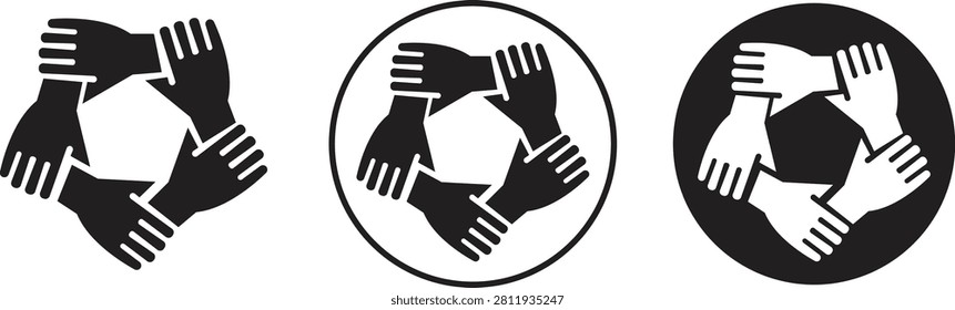 Teamwork hands holding wrists flat icons set. Unity circle partnership symbols, community cooperation integration vectors signs of linked hand loop for business isolated on transparent background.