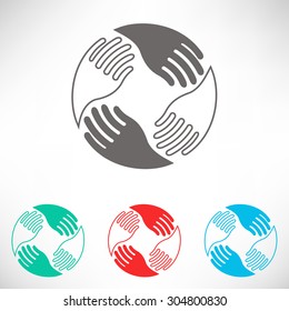 Logo Manos de trabajo en equipo. Conexión humana. Conjunto de iconos varicolados.