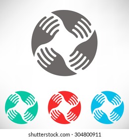 Teamwork Hands Logo. Human connection. Set of varicolored icons.