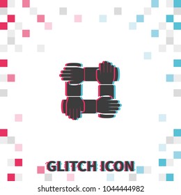 Teamwork hands people  glitch effect vector icon.