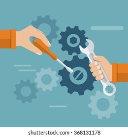 Teamwork. Hands team with a tool to repair mechanism. Sleek design, vector illustration. Concept teamwork , brainstorming. Development and motivation to work together.