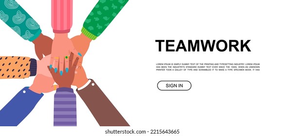 Teamwork. Hands together horizontal banner. Multi-ethnic hands together. Human arms with accessories. Community, partnership, friendship concept.