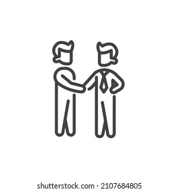 Teamwork handshake line icon. linear style sign for mobile concept and web design. Businessman shaking hands together outline vector icon. Deal, agreement symbol, logo illustration. Vector graphics