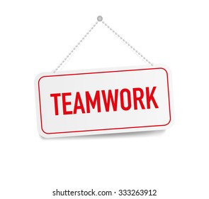 Teamwork hanging sign isolated on white wall