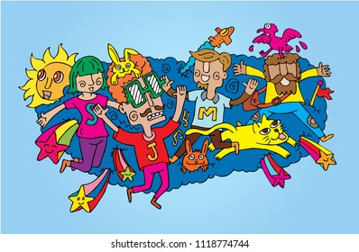 Teamwork happy and jumping , doodle charactor vector design