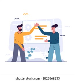 Teamwork, happy man and woman in casual clothes doing high five, successful team project vector illustration for website