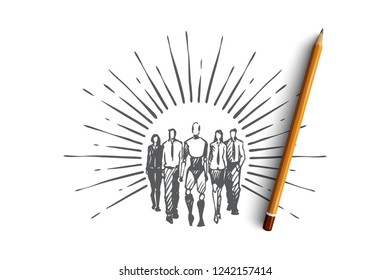 Teamwork, HCI, automation, technology, communication concept. Hand drawn business team with robot concept sketch. Isolated vector illustration.