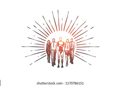 Teamwork, HCI, automation, technology, team concept. Hand drawn teamwork with robot concept sketch. Isolated vector illustration