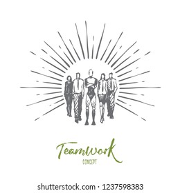 Teamwork, HCI, automation, technology, team concept. Hand drawn teamwork with robot concept sketch. Isolated vector illustration