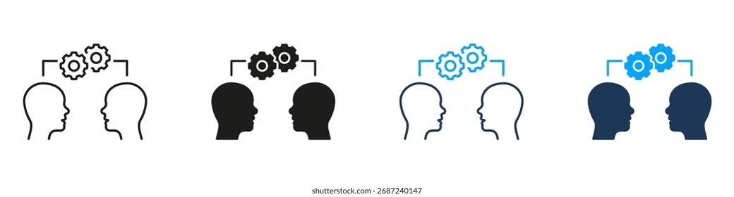 Teamwork Heads With Target Collaboration Line and Solid Icon Set. Business Partnership Goal Strategy Symbol Collection. Isolated Vector Illustration.