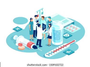 Teamwork in health care system concept. Vector of group of doctors of different subspecialties brainstorming patient diagnosis and treatment options 