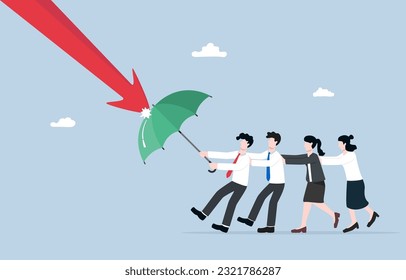 Teamwork to help business survive crisis, collaboration to overcome difficulty, team support concept, Business people spreading umbrella to prevent down arrow attack.