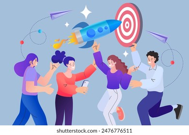 Teamwork help develop to launch new project. Entrepreneur or startup company. leadership or cooperation concept. business people team help carry rocket to launch. vector illustration.