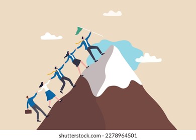 Teamwork to help success together, leadership to lead team to achieve goal or target, cooperation or support to help employee concept, businessman leader manager help colleagues to reach mountain top.