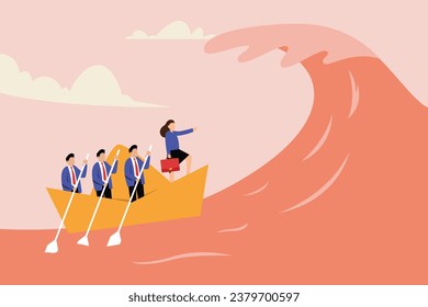 Teamwork to help survive crisis, challenge or risk taker  2D flat vector concept for banner, website, illustration, landing page, flyer, etc