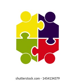 Teamwork. Hexagon in the form of a puzzle of four parts. Flat design