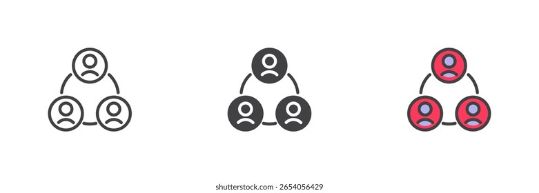 Teamwork and hierarchy structure different style icon set. Line, solid and colorful filled outline vector icon. Group, employee network symbol, human resource sign. Vector design.