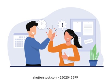 Teamwork high five concept illustration. Cheerful colleagues congratulate each other, applauding, giving high five. Vector illustration.