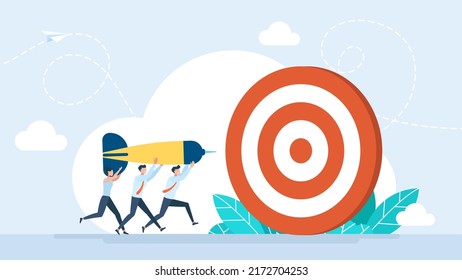 Teamwork. Hitting a dart at a target. Businesspeople driving arrow to goal. Successful professional team. Metaphor winning, challenge, aim, achievement, marketing idea. Vector business illustration 