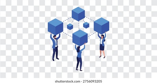 Teamwork holding connected cube network business collaboration isometric vector illustration