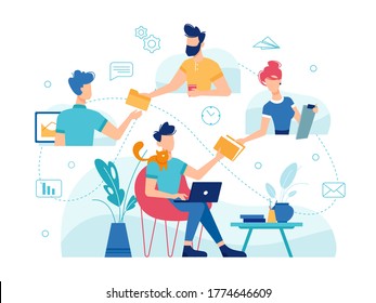 Teamwork home office, online work management and team communication, vector flat thin line design. Home office freelance teamwork people managing corporate business online, modern remote work concept