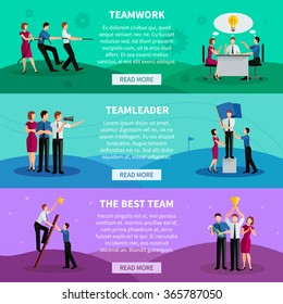 Teamwork horizontal banners with people working in command team leader and best team flat vector illustration 