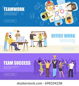 Teamwork horizontal banners set with office work symbols flat isolated vector illustration 