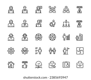 Teamwork and human resources icons. related team, teamwork, co-workers, cooperation. Linear busines simple symbol collection. vector illustration.