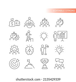 Teamwork, human resources line icon set. Business management, employees achievement outlined icons.