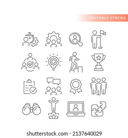 Teamwork, human resources line icon set. Business management, employees achievement outlined icons.