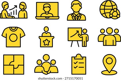 Conjunto de iconos de línea de trabajo en equipo y recursos humanos con conceptos de colaboración, capacitación, liderazgo y fuerza laboral global