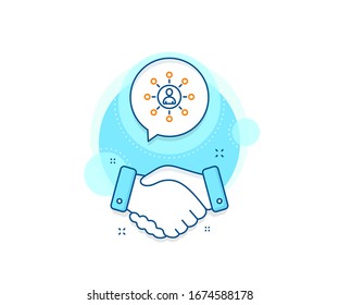 Signo de trabajo en equipo o recursos humanos. Icono de complejo de trato de apretón de manos. Icono de línea de red empresarial. El acuerdo da la mano en la pancarta. Signo de red. Vector