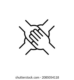 Icono de trabajo en equipo, 4 manos juntas. Asociación, comunidad, cooperación, unidad, concepto de igualdad. Símbolo de contorno plano moderno, firme: ilustración, logo, aplicación, diseño, web, dev, ui, gui. EPS vectorial 10