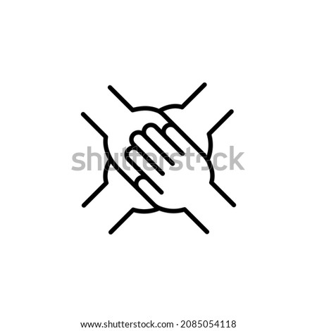 Teamwork icon, 4 hands together. Partnership, community, cooperation, unity, equality concept. Trendy flat outline symbol, sign for: illustration, logo, app, design, web, dev, ui, gui. Vector EPS 10