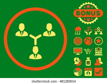 Teamwork icon with bonus. Vector illustration style is flat iconic bicolor symbols, orange and yellow colors, green background.