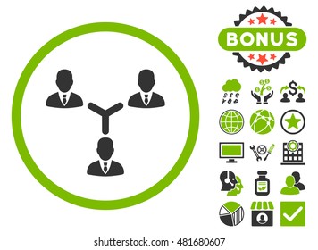 Teamwork icon with bonus. Vector illustration style is flat iconic bicolor symbols, eco green and gray colors, white background.