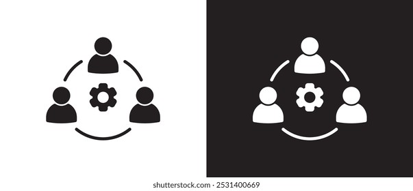 Teamwork icon in business, relationships in work. Management, teamwork, work cycle, analytics, work targets, efficiency, business icons, vector icons black and white background.