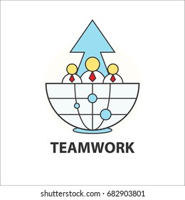 Teamwork icon, businessman office worker connection business concept with globe and rise arrow