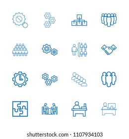 Teamwork icon. collection of 16 teamwork outline icons such as table, group, gear, structure, meeting, clock in gear, handshake. editable teamwork icons for web and mobile.