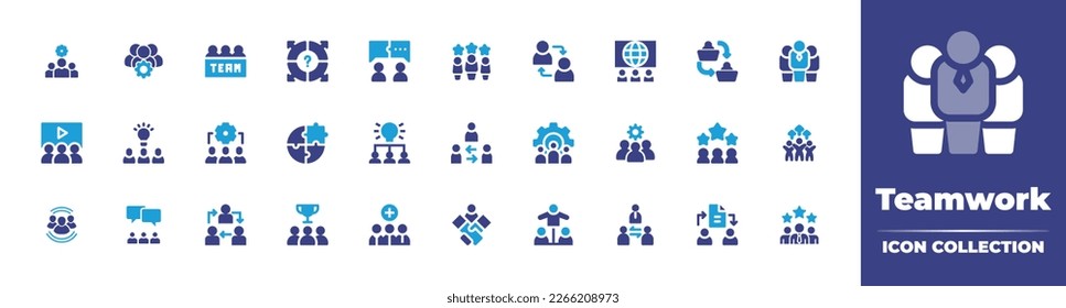 Colección de iconos de trabajo en equipo. Color de duotona. Ilustración vectorial. Conteniendo la gestión de equipo, equipo, solicitud, organización, negocio y finanzas, red, presentación, delegado, líder, video, lluvia de ideas.