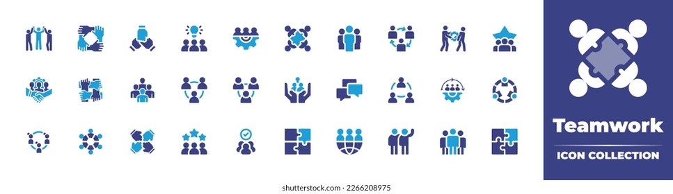 Teamwork icon collection. Duotone color. Vector illustration. Containing teamwork, idea, team, group, discuss, people, appraisal, world, puzzle.