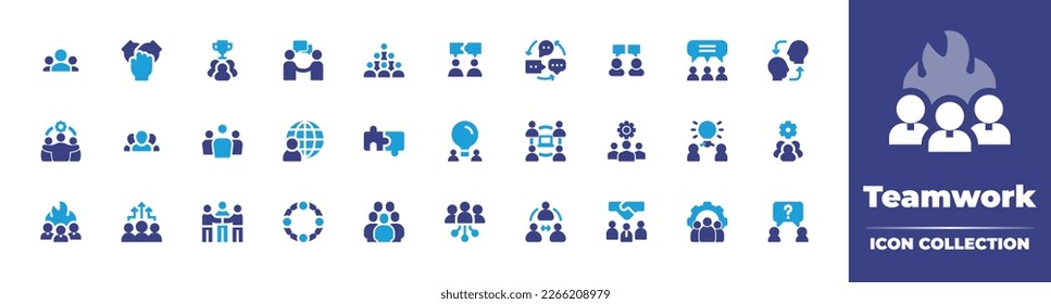 Teamwork icon collection. Duotone color. Vector illustration. Containing group, hands, winners, partnership, crowd, collaboration, ideas, interview, discuss, empathy, team, world, puzzle, idea.